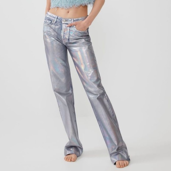 Zara | Jeans | Zara Iridescent Holographic Metallic Coated Jeans | Poshmark